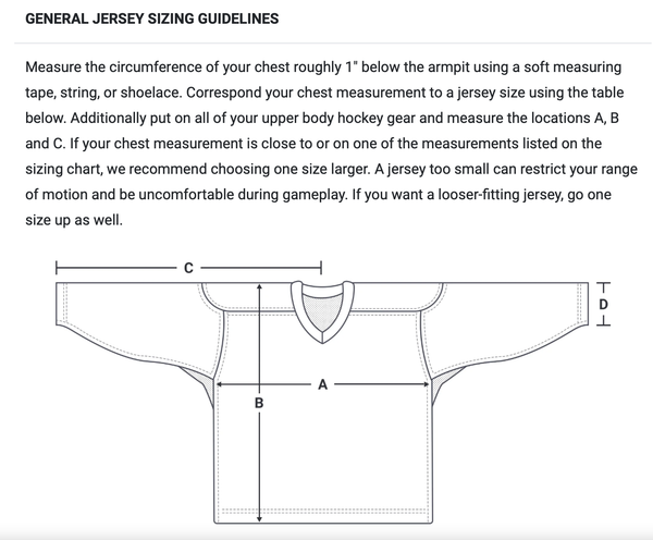 Hockey Finder Jersey Sizing Diagram